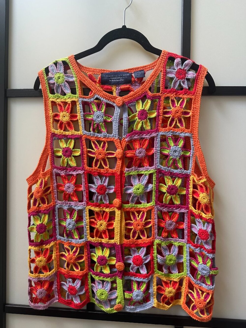 Vintage Catherine Stewart Whimsy 90s Rainbow Flower Crochet Sweater Vest - Small